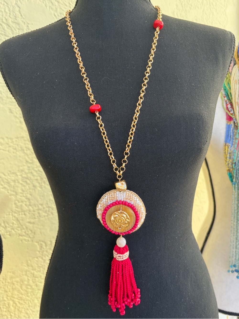 Chico's Gold-Tone Necklace with Red Beads and Tassel